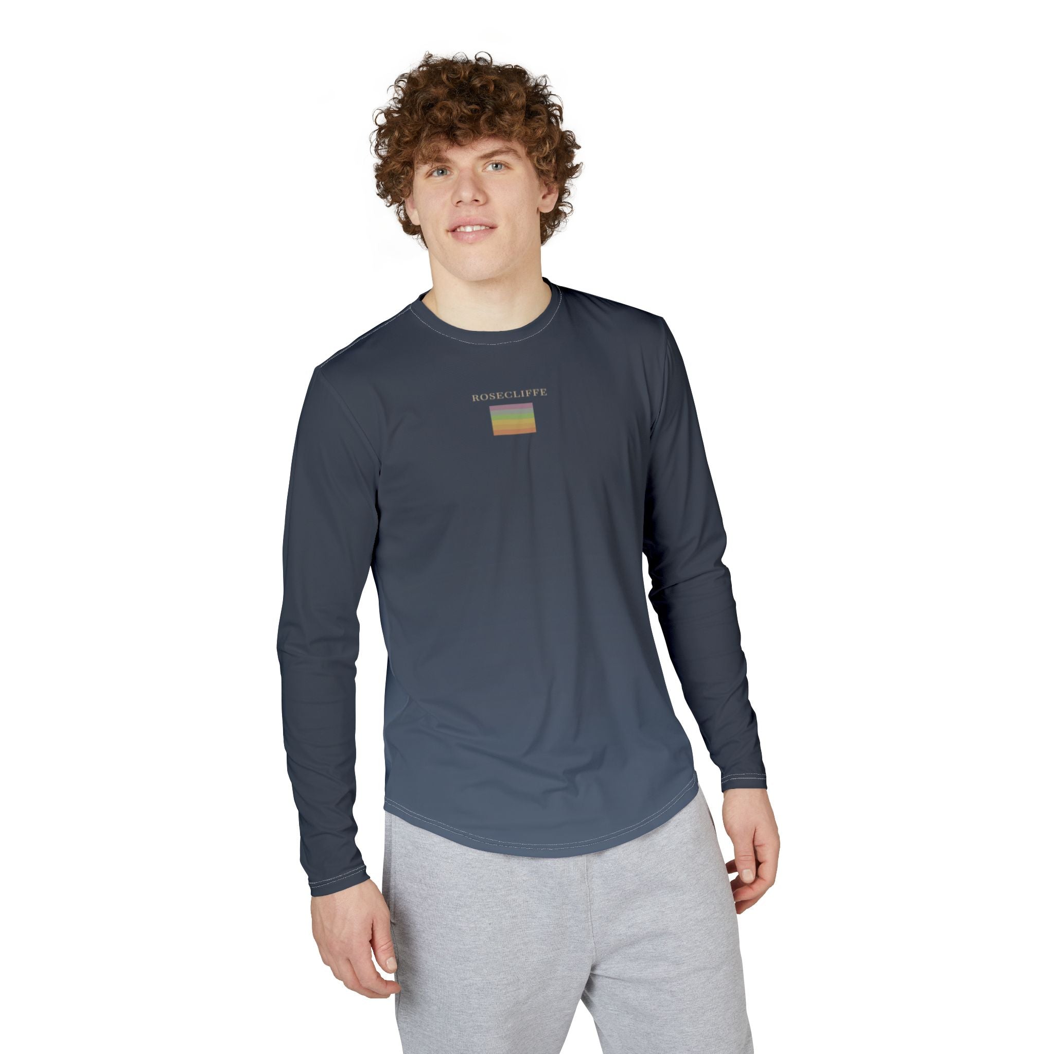 Rosecliffe Men's Long Sleeve T-Shirt Navy Slate Blue Stripe Logo Tee