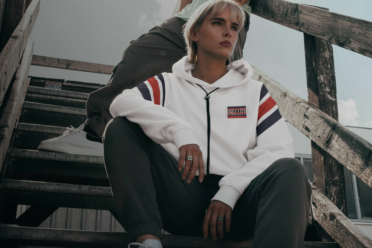 A model wearing a white zip-up hoodie with red and navy stripes on the sleeves and a 'Rosecliffe' logo patch on the chest, sitting on wooden outdoor stairs.